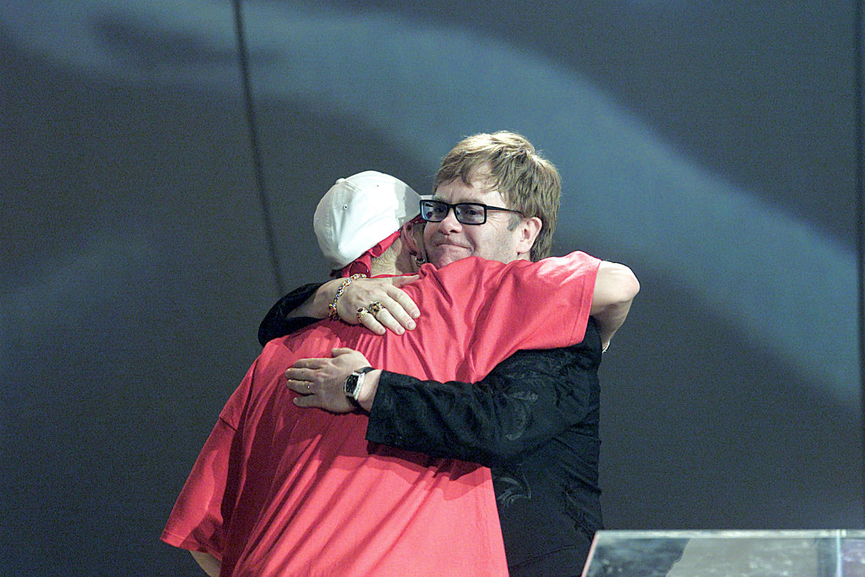 Eminem and Elton John at the 2001 Brit Awards. (Photo by JMEnternational/Redferns)