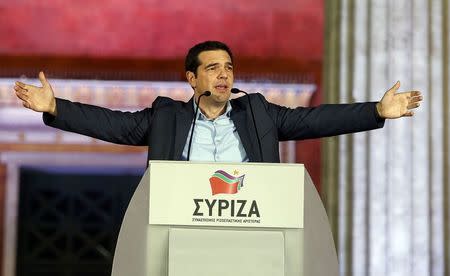 Head of radical leftist Syriza party Tsipras speaks after winning elections in Athens, January 25, 2015. REUTERS/Marko Djurica