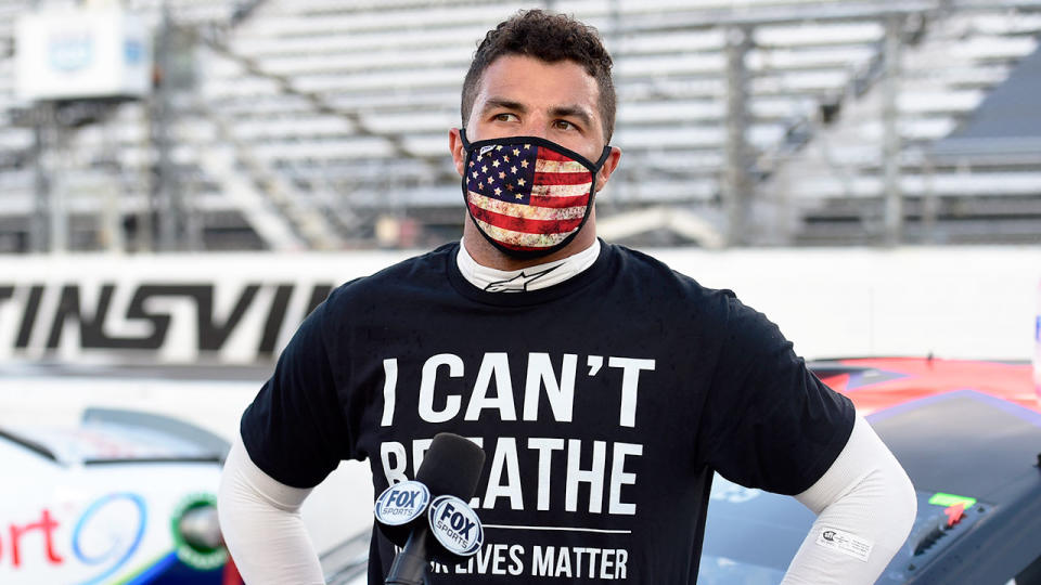 Pictured here, NASCAR driver Bubba Wallace showing his support for Black Lives Matter.