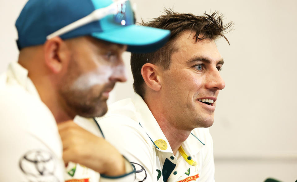 Pat Cummins and Nathan Lyon after the first Test between Australia and Pakistan.