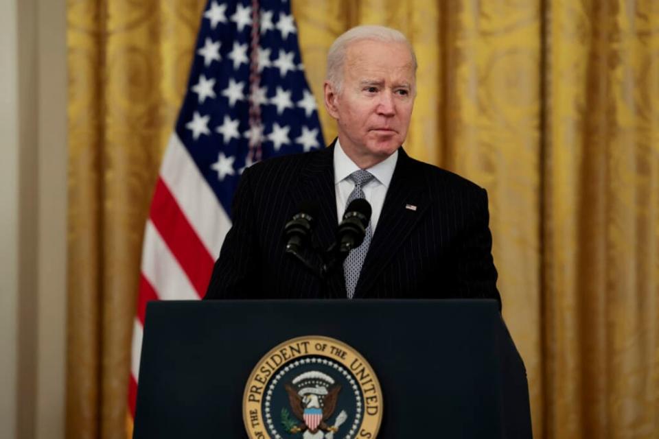 U.S. President Joe Biden gives remarks during a Cancer Moonshot initiative event in the East Room of the White House on February 02, 2022 in Washington, DC. (Photo by Anna Moneymaker/Getty Images)