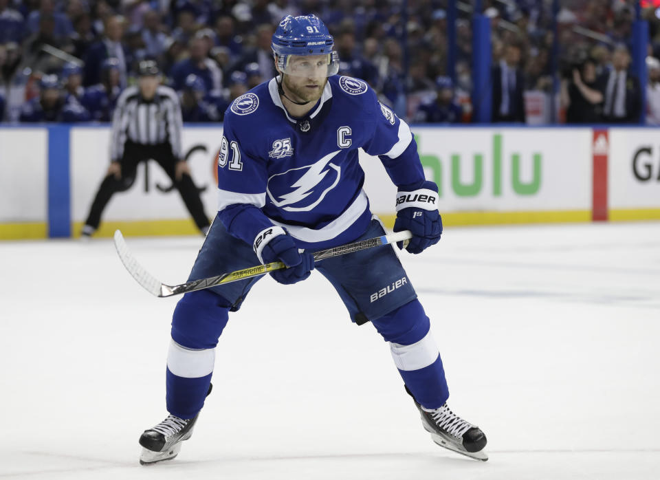 Tampa Bay Lightning center Steven Stamkos (91) during the second period of Game 2 of the NHL Eastern Conference finals hockey playoff series against the Washington Capitals Sunday, May 13, 2018, in Tampa, Fla. (AP Photo/Chris O’Meara)