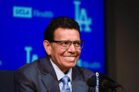 Former Los Angeles Dodgers pitcher Fernando Valenzuela speaks during a news conference ahead of his jersey retirement ceremony at the baseball game between the Dodgers and the Colorado Rockies, Friday, Aug. 11, 2023, in Los Angeles. (AP Photo/Ryan Sun)