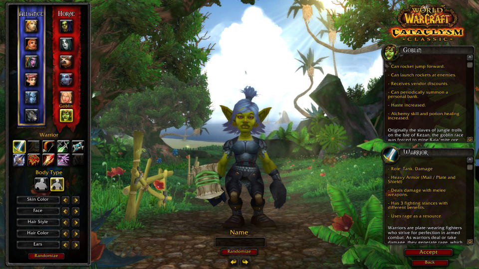 WoW Cataclysm goblin classes - the goblin character creation screen