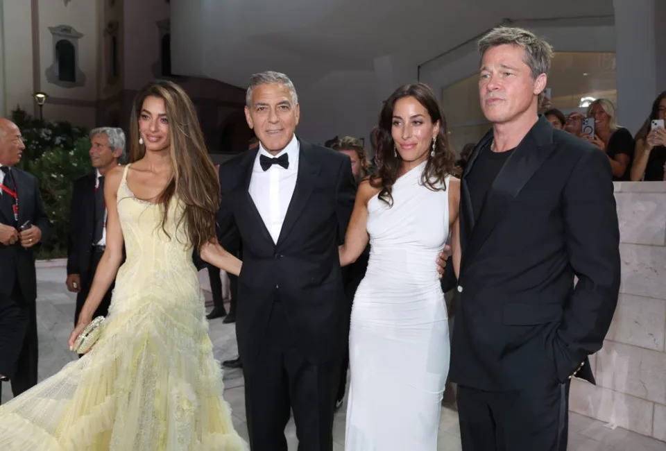 VENICE, ITALY - SEPTEMBER 01: (L-R) Amal Clooney, George Clooney, Brad Pitt and Ines de Ramon attend the "Wolfs" red carpet during the 81st Venice International Film Festival on September 01, 2024 in Venice, Italy. (Photo by Pascal Le Segretain/Getty Images)