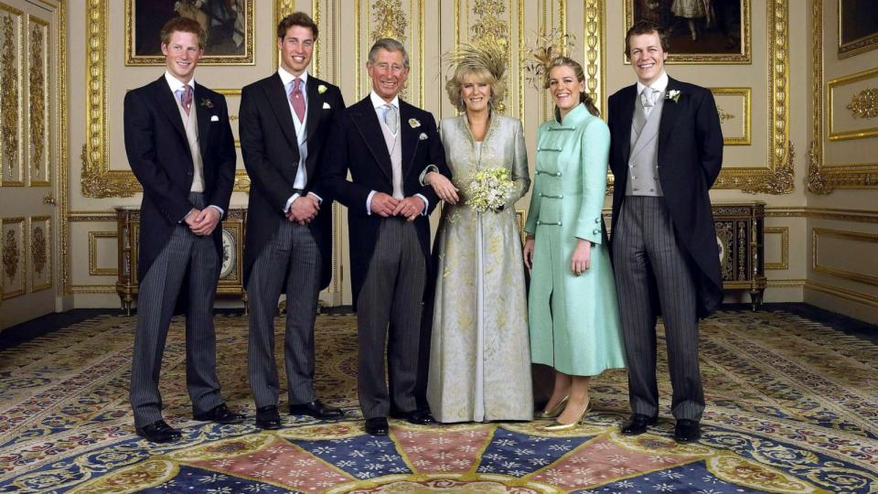 PHOTO: The Prince of Wales and his new bride Camilla, Duchess of Cornwall, with their children (L-R) Prince Harry, Prince William, Laura Parker Bowles and Tom Parker Bowles at Windsor Castle, April 9, 2005, after their wedding ceremony. (Anwar Hussein Collection/ROTA/WireImage via Getty Images)