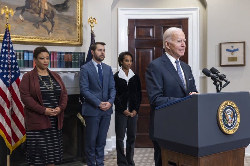 President Joe Biden speaks on his administration's attempts to bring down the deficit in 2022. He leaves out of his talking points that the reduction in the deficit was largely due to COVID-19 relief funds expiring. File Photo by Jim Lo Scalzo/UPI