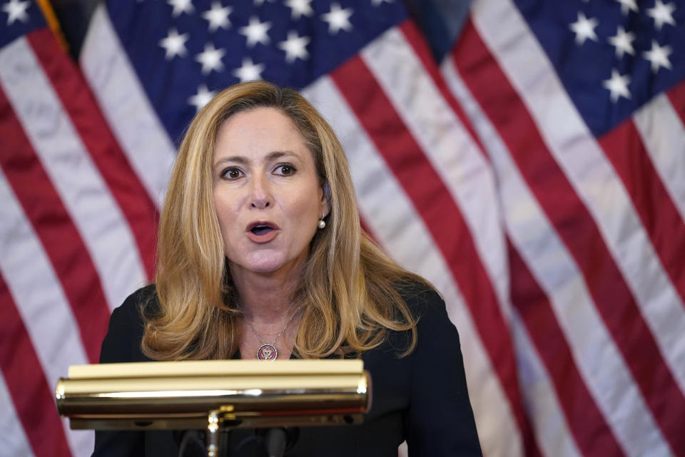 FILE - Rep. Debbie Mucarsel-Powell, D-Fla., speaks during a news conference about COVID-19, Thursday, Sept. 17, 2020, on Capitol Hill in Washington. Former Democratic U.S. Rep. Mucarsel-Powell announced Tuesday, Aug. 22, 2023, she will seek the nomination to challenge Republican Sen. Rick Scott in 2024, a campaign that will be a test to see if Florida Democrats can fare better during a presidential election in a state that is increasingly Republican. (AP Photo/Jacquelyn Martin, File)