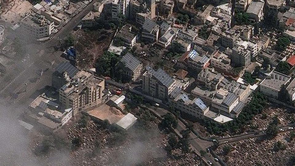 PHOTO: A satellite image taken on Oct. 18, 2023, of the Al Ahli hospital in Gaza (lower left), and the aftermath of the explosion that took place the day prior. (2023 Maxar Technologies)