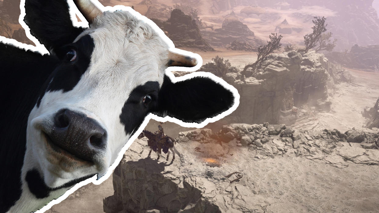  A stock image of a cow looks out from the corner of a Diablo 4 screenshot 