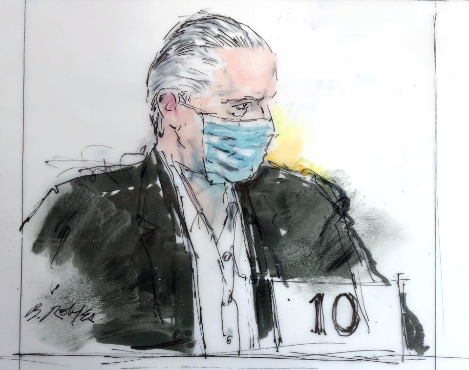 In this court artist sketch, former Mexican defense secretary Gen. Salvador Cienfuegos Zepeda's appears in federal court, Friday, Oct. 16, 2020 in Los Angeles. Cienfuegos, who led the country’s army for six years under ex-President Enrique Peña Nieto, has been arrested on drug trafficking and money laundering charges at Los Angeles International Airport, U.S. and Mexican sources said Thursday, Oct. 15, 2020. (Bill Robles via AP).