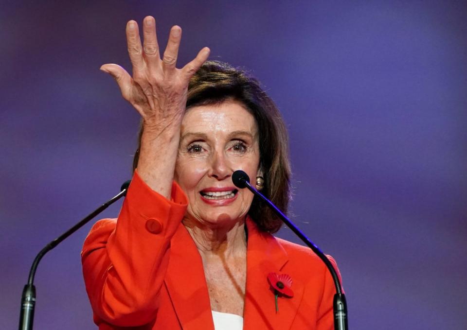 Speaker of the House of Representatives, Nancy Pelosi, making a speech at Cop26 (Jane Barlow/PA) (PA Wire)