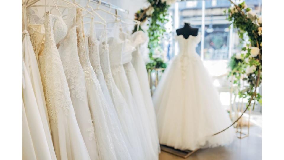 wedding dresses in dress shop