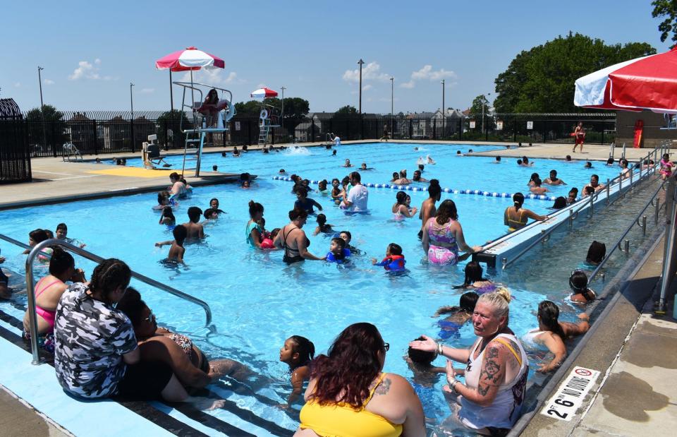 Children splash in the Vietnam Veterans Memorial pool at Lafayette Park in Fall River in 2021.