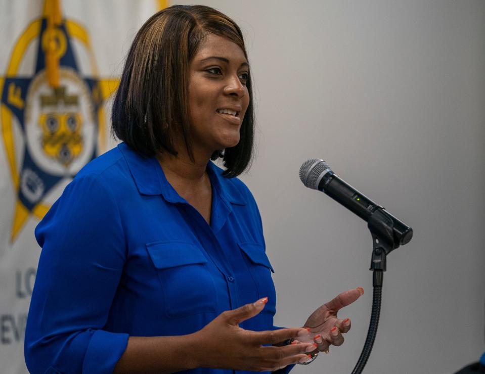 Evansville mayoral Democratic candidate Stephanie Terry speaks to the crowd during the Fraternal Order of Police Lodge #73 PAC night in Evansville, Ind., Wednesday, Aug. 23, 2023.