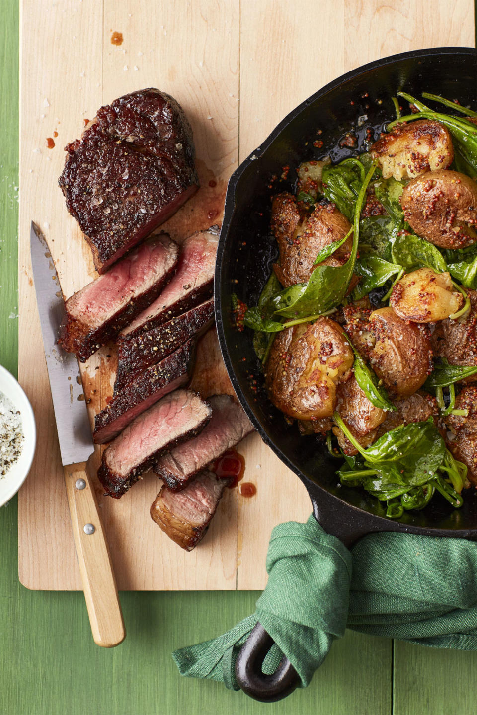 Bistro Steak with Mustard Smashed Potatoes and Spinach