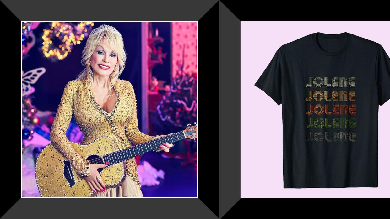 dolly parton holding guitar on stage, jolene tshirt
