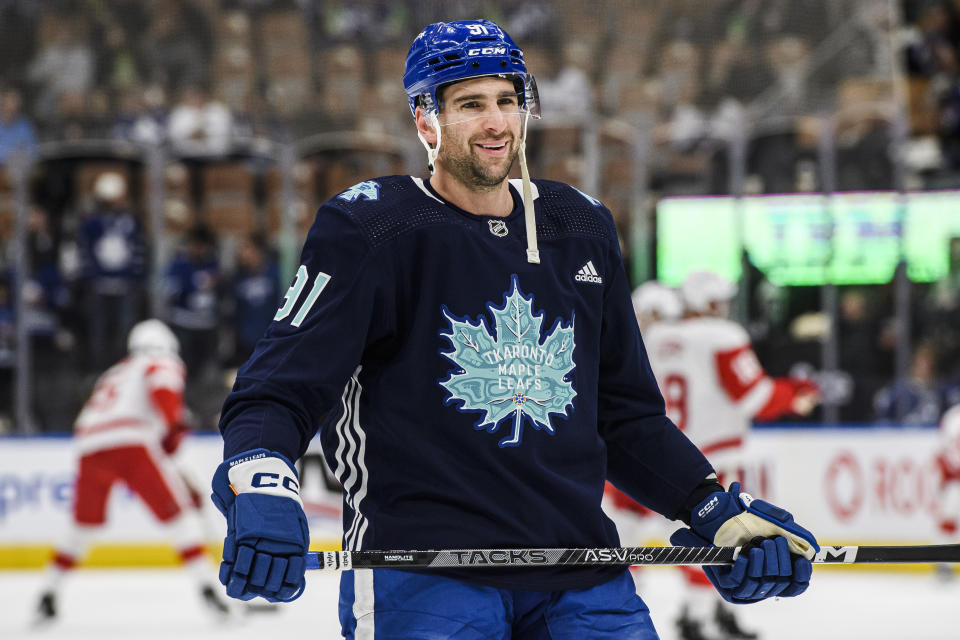 Toronto Maple Leafs center John Tavares (91) warms up in a limited edition practice jersey designed by Tyler Tabobondung Rushnell, a 23-year-old Anishinaabe artist, for Indigenous celebration day, before an NHL hockey game against the Detroit Red Wings in Toronto, on Saturday, Jan. 7, 2023. (Christopher Katsarov/The Canadian Press via AP)