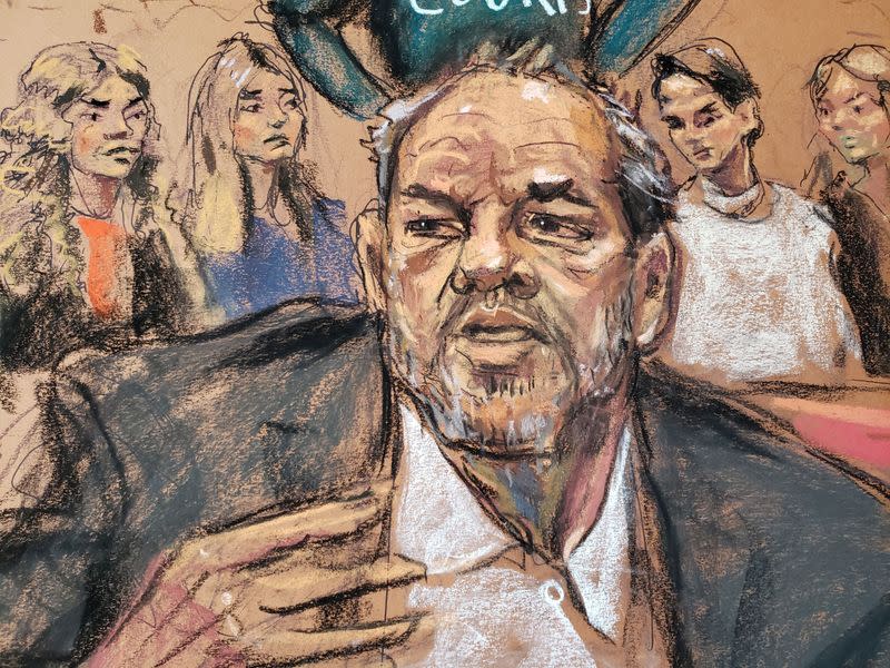 Harvey Weinstein speaks as witnesses watch during the sentencing following his conviction on sexual assault and rape charges in the Manhattan borough
