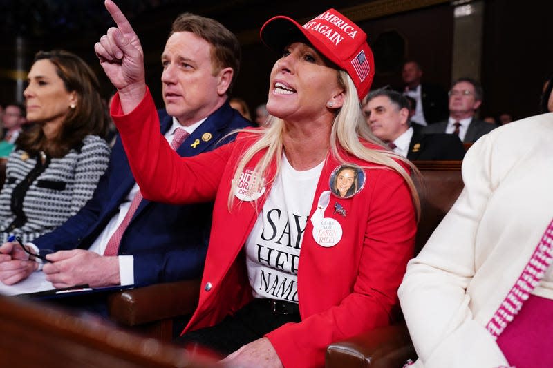 WASHINGTON, DC - MARCH 7: U.S. Rep. Marjorie Taylor Greene (R-GA) shouts at President Joe Biden as he delivers the State of the Union address before a joint session of Congress in the House chamber at the Capital building on March 7, 2024 in Washington, DC. This is Biden’s final address before the November general election. - Photo: Shawn Thew-Pool (Getty Images)