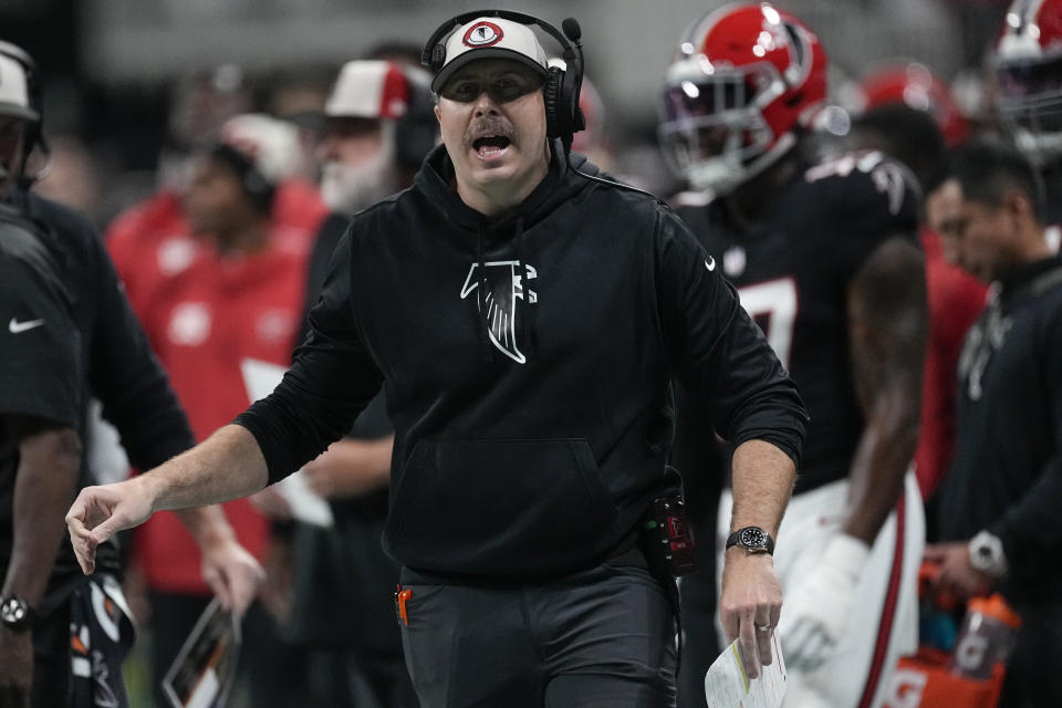 Atlanta Falcons head coach Arthur Smith watches play against the New Orleans Saints during the first half of an NFL football game, Sunday, Nov. 26, 2023, in Atlanta. (AP Photo/John Bazemore)