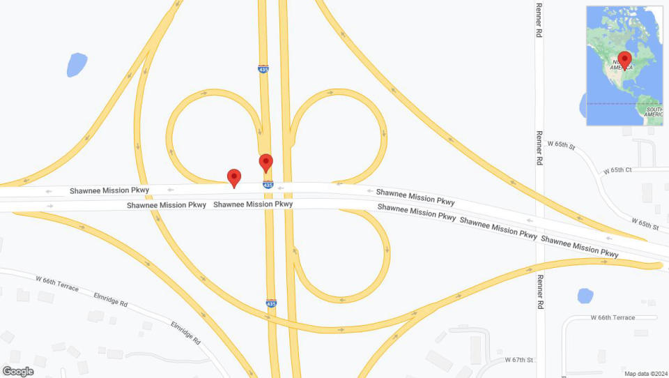 A detailed map that shows the affected road due to 'Shawnee: Shawnee Mission Parkway closed' on June 20th at 9:55 p.m.