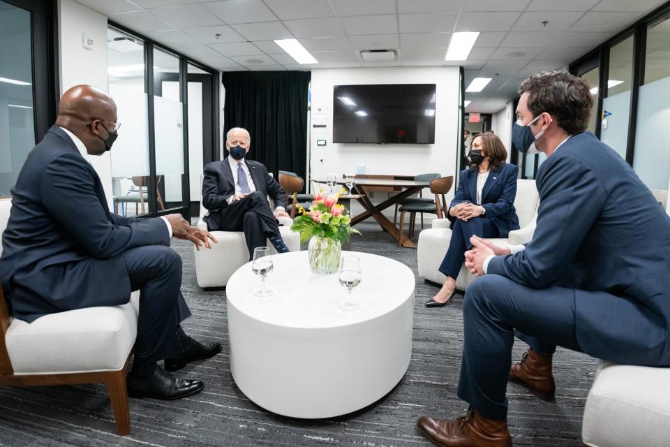 President Joe Biden and Vice President Kamala Harris meet with Senators Jon Ossoff and Raphael Warnock, D-Ga. Friday, March 19, 2021, at Emory University in Atlanta. 