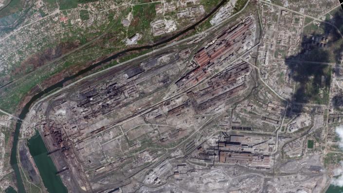 This satellite image from Planet Labs PBC shows damage at the Azovstal steelworks in Mariupol, Ukraine, Wednesday, April 27, 2022. (Planet Labs PBC via AP)