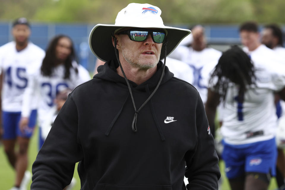 Buffalo Bills head coach Sean McDermott walks off the field following the NFL football team's rookie minicamp in Orchard Park, N.Y., Friday, May 10, 2024. (AP Photo/Jeffrey T. Barnes)