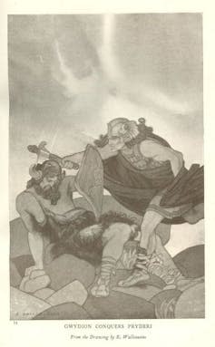 A illustration showing an ancient scene whereby a man is hitting another man over the head with a weapon.
