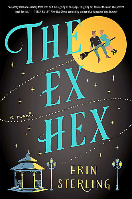 Best Halloween Books: The Ex Hex by Erin Sterling shows a black book cover with a big full moon and the book title in blue font