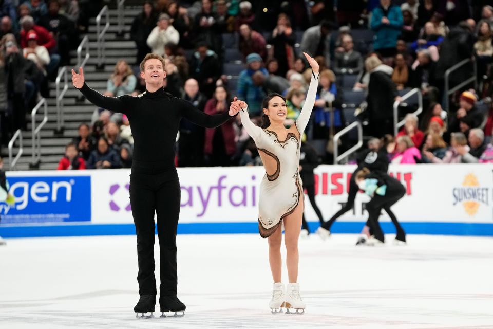Jan 27, 2024; Columbus, Ohio, USA; Madison Chock and Evan Bates perform in the championship free dance during the 2024 US Figure Skating Championships at Nationwide Arena. Mandatory Credit: Adam Cairns-USA TODAY Sports