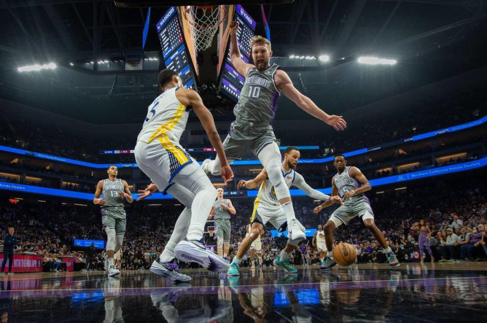 Sacramento Kings center Domantas Sabonis (10) reacts after losing the ball during Game 5 of the first-round NBA playoff series at Golden 1 Center on Wednesday, April 26, 2023.