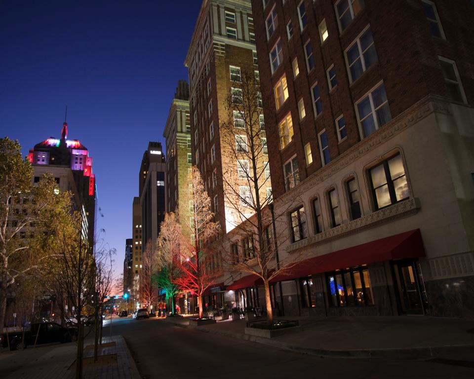 The Skirvin Hilton, a 111-year-old hotel in downtown Oklahoma City, is pictured at night Dec. 5.