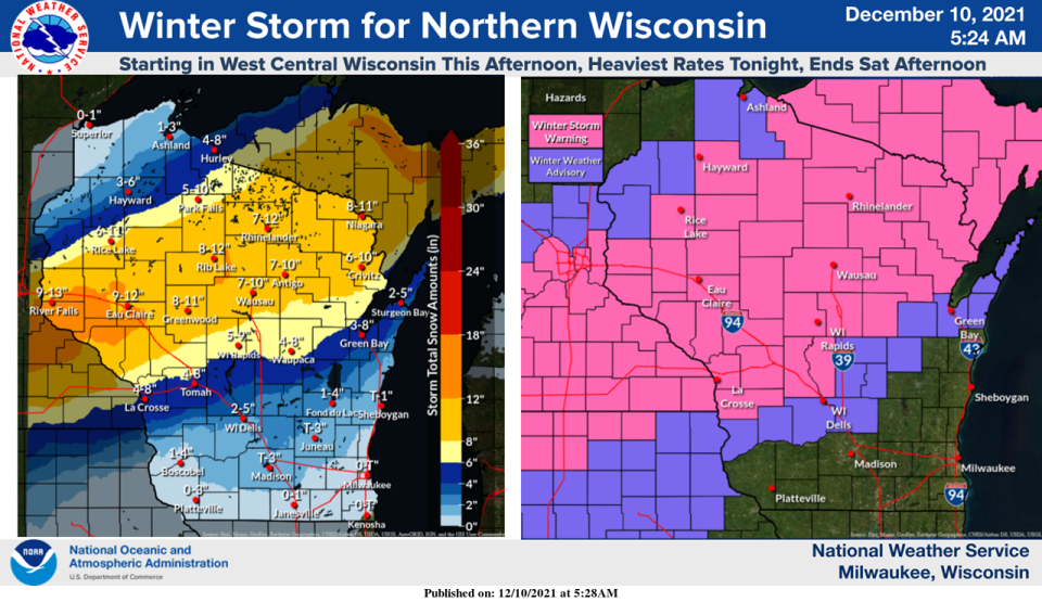 Winter storm warnings and winter weather advisories are posted for Wisconsin along and north of a line from Green Bay to LaCrosse. A foot of snow could fall across some areas of the state.