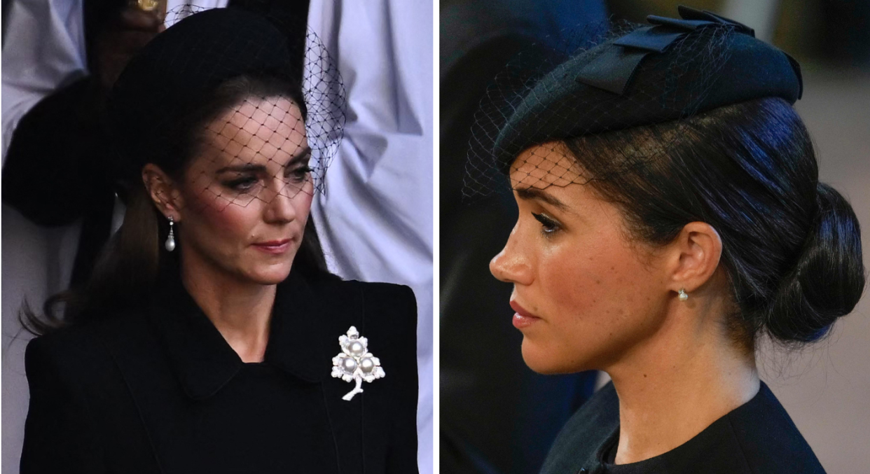 The Princess of Wales and Duchess of Sussex pay tribute to the late Queen by wearing her jewellery for the procession in London, 14 September, 2022. (Getty Images)