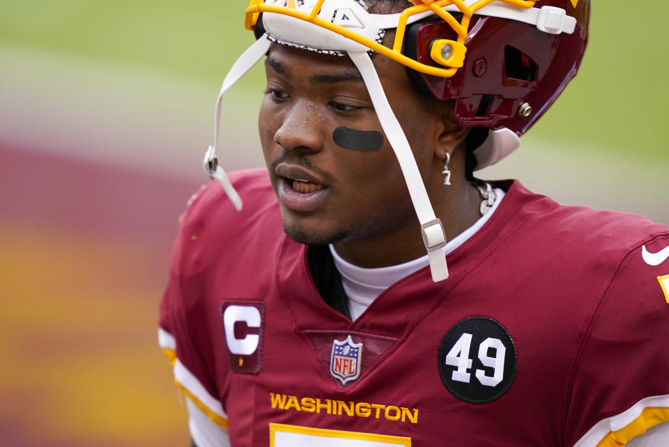 Washington Football Team quarterback Dwayne Haskins (7) before the start of an NFL football game against the Seattle Seahawks, Sunday, Dec. 20, 2020, in Landover, Md. (AP Photo/Susan Walsh)