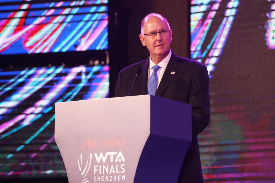 Steve Simon, pictured here delivering a speech at the 2019 WTA Finals.