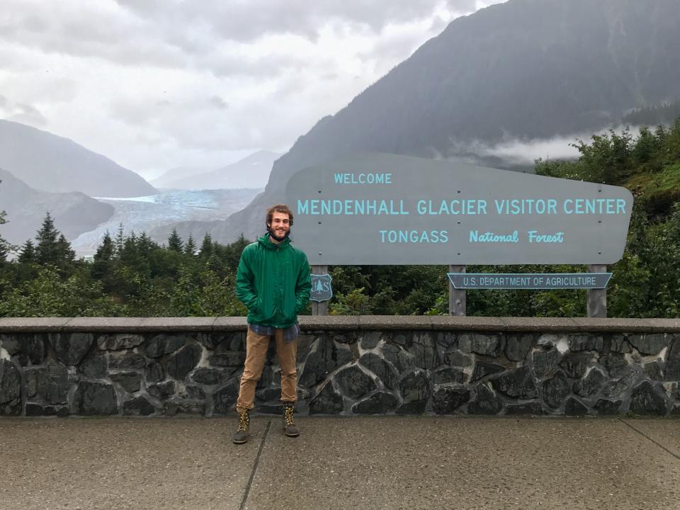 The author in front of the Mendenhall Glacier in the Tongass National Forest.