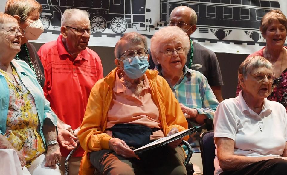 Alice Thompson, center, performs with the Green Birds chorus during the Senior Variety Show rehearsal at Ames City Auditorium on Monday in Ames.