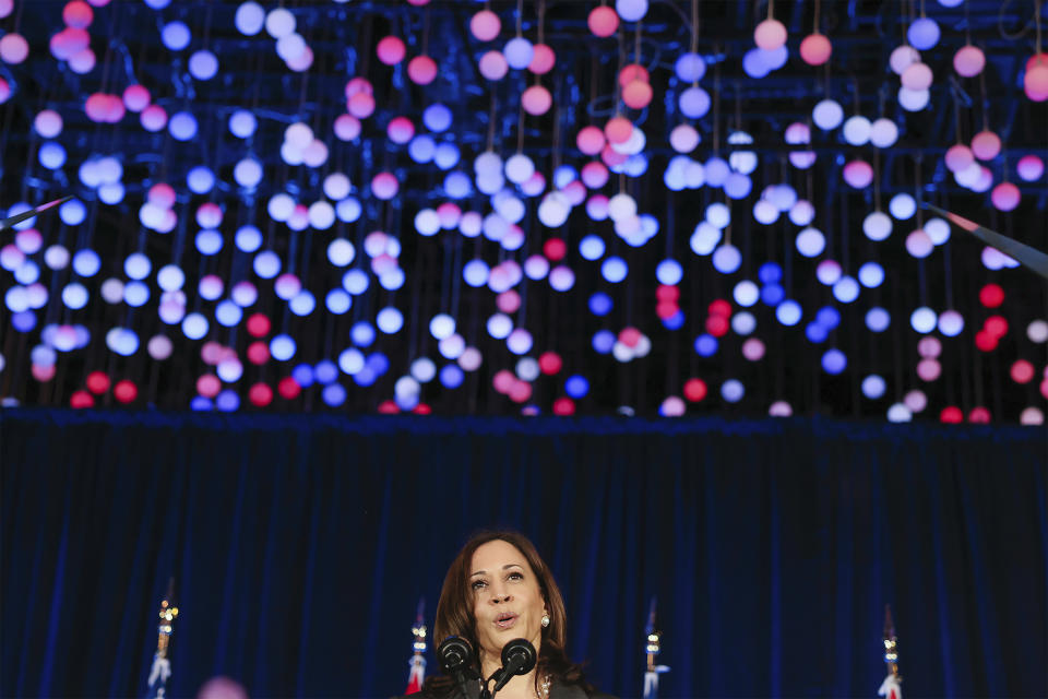 U.S. Vice President Kamala Harris delivers a speech at Gardens by the Bay in Singapore before departing for Vietnam on the second leg of her Southeast Asia trip, Tuesday, Aug. 24, 2021. (Evelyn Hockstein/Pool Photo via AP)