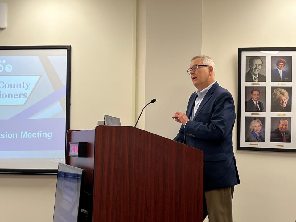 Curt Niehaus, Shawnee County director of public works, explains the reasoning behind awarding a contract to Bettis Asphalt and Construction Co. during a commissioners meeting.