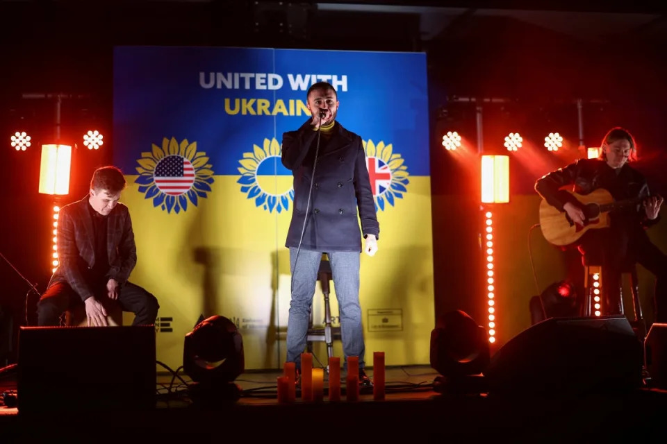 The Antytila band performs during a vigil for Ukraine held on the anniversary of the conflict with Russia (REUTERS)