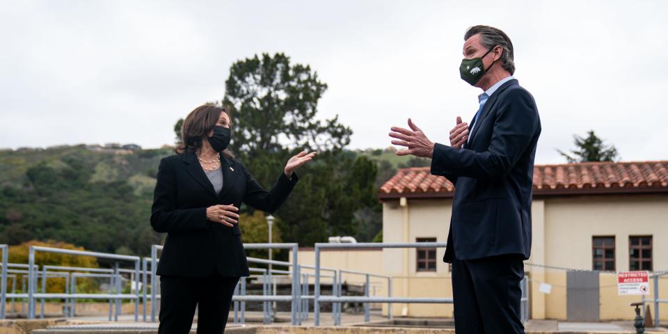 Vice President Kamala Harris and Governor Gavin Newsom talk at an Oakland, CA treatment plant in April 2021.