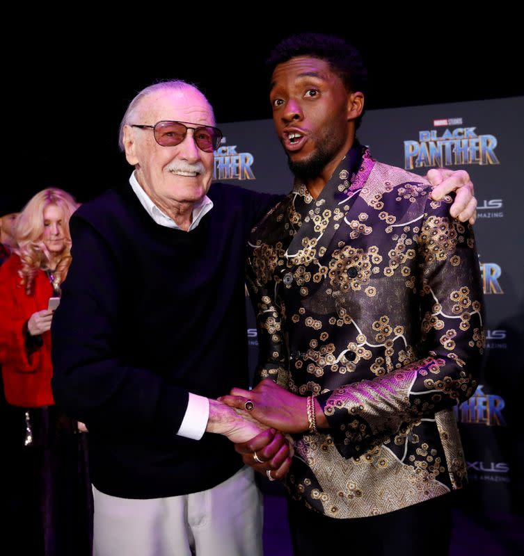 FILE PHOTO: Lee poses with cast member Boseman at the premiere of "Black Panther" in Los Angeles