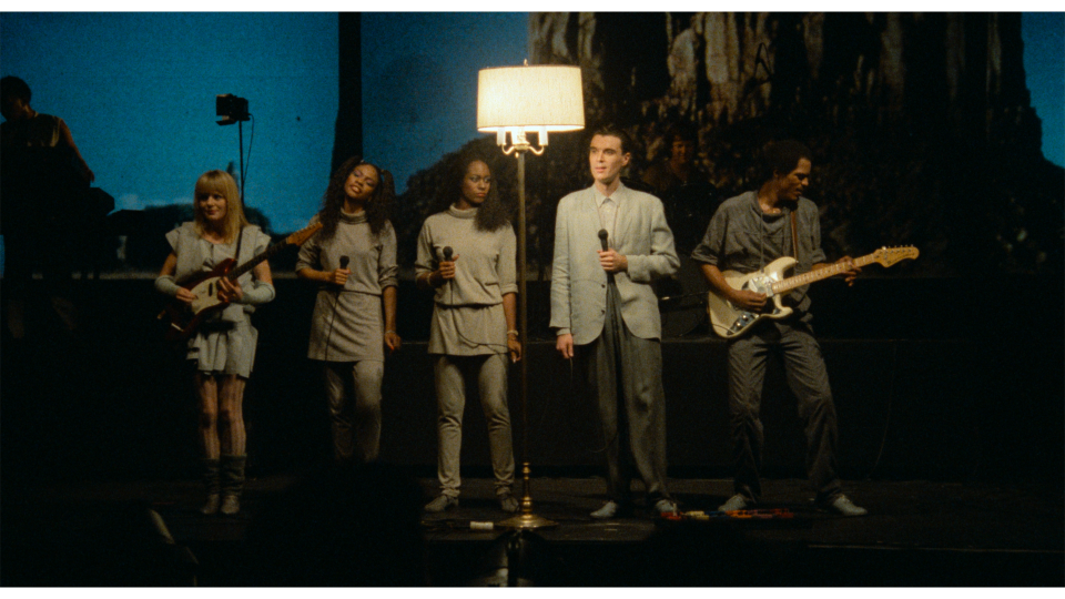 Tina Weymouth, left, Ednah Holt, Lynn Mabry, David Byrne and Alex Weir in a scene from "Stop Making Sense."