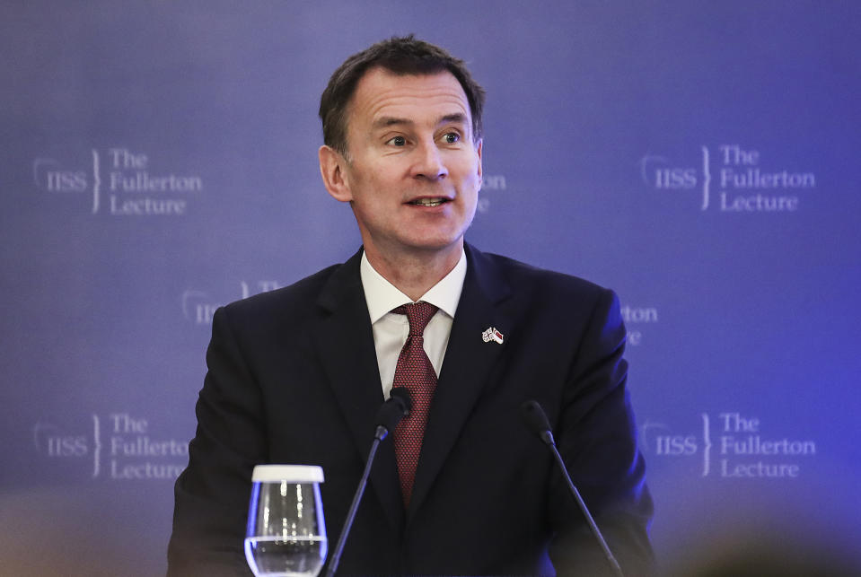 Britain's Foreign Secretary Jeremy Hunt speaks during the 34th International Institute for Strategic Studies (IISS) Fullerton Lecture in Singapore, Wednesday, Jan. 2, 2019. (AP Photo/Yong Teck Lim)