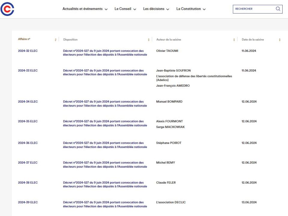 <span>Capture d'écran, réalisée le 14 juin 2024, du site du Conseil constitutionnel</span>