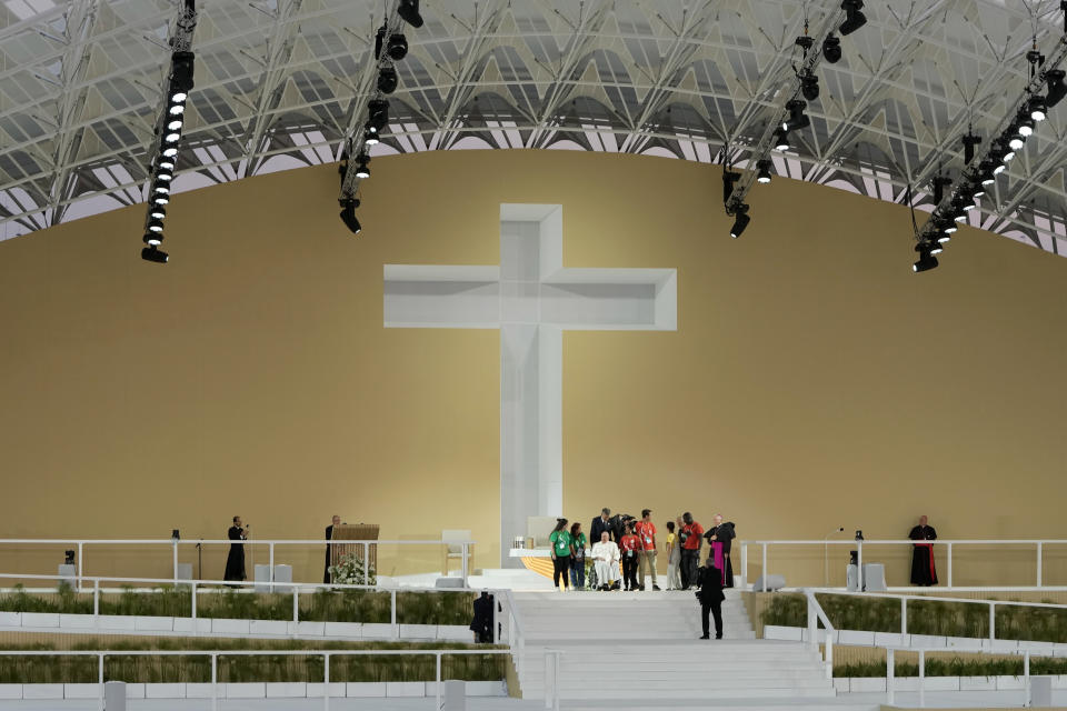 Pope Francis takes part at the 37th World Youth Day flock at the Parque Tejo in Lisbon, Saturday, Aug. 5, 2023. On Sunday morning, the last day of his five-day trip to Portugal, Francis is to preside over a final, outdoor Mass on World Youth Day – when temperatures in Lisbon are expected to top 40 degrees C (104F) – before returning to the Vatican. (AP Photo/Armando Franca)