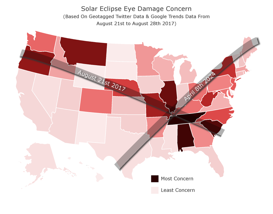 Using geotagged X and Google Trends data, Oakley Forum was able to determine which states expressed the most eye damage concerns following the 2017 solar eclipse. Tennessee came out on top followed by Alabama, South Carolina and Illinois.